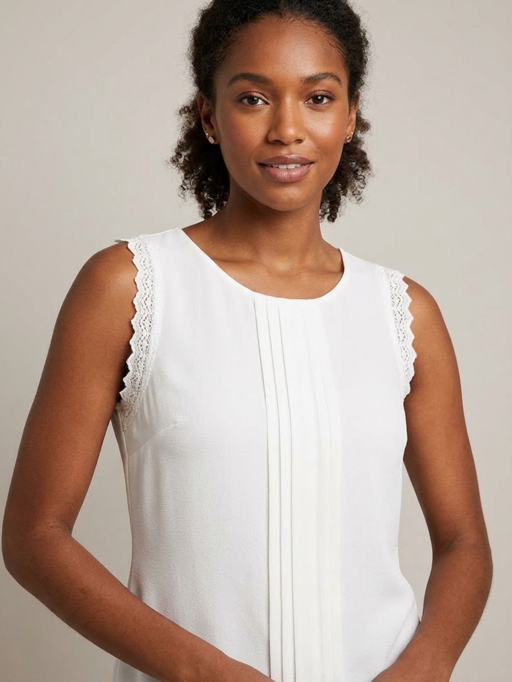New York & Company White Lace-Trim Pintuck Sleeveless Top, Size Small Shirt